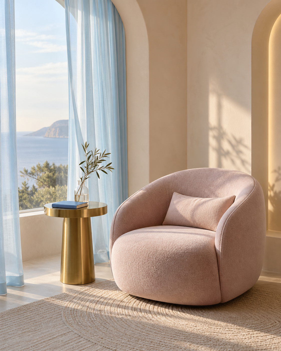 Cena ilustrativa de um ambiente acolhedor, com poltrona rosa, cortina azul e luz natural.